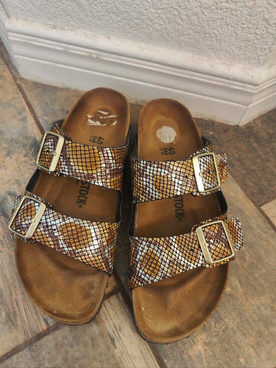Birkenstock Shoes - Birkenstock Arizona Sandals Black Silver Snake Print, 40